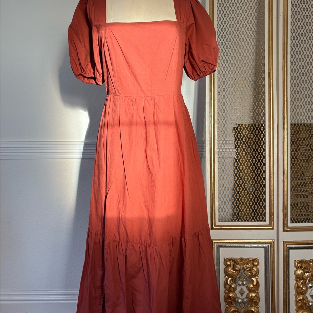 ASTR the Label | Terracotta Puff-Sleeve Midi Dress (L)